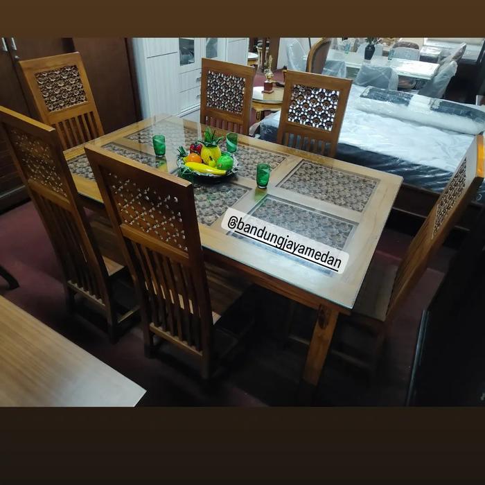 Gambar Meja Makan Jati Jepara Minimalis Silang + 6 kursi makan uk.160x90cm dari Bandung Jaya Medan undefined Tokopedia