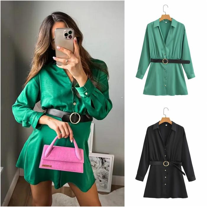 Promo satin shirt dress with belt mini dress casual wanita