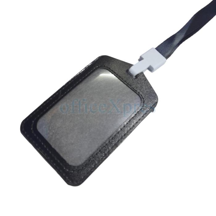 Gambar ID Card Kulit + Tali / Tali Id Card Set / Card Case Kulit Dan Tali Set - Vertikal hitam dari officeXpres undefined Tokopedia