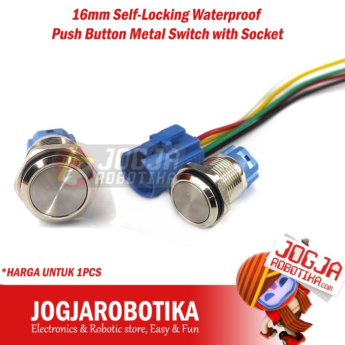 Gambar 16mm Self-Locking Reset Waterproof Push Button Metal Switch + Socket - Self-Locking dari Jogjarobotika undefined Tokopedia