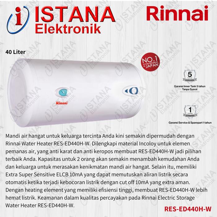Gambar RINNAI WATER HEATER LISTRIK 40 LITER RES-ED440H-W dari ISTANA ELEKTRONIK PALEMBANG undefined Tokopedia