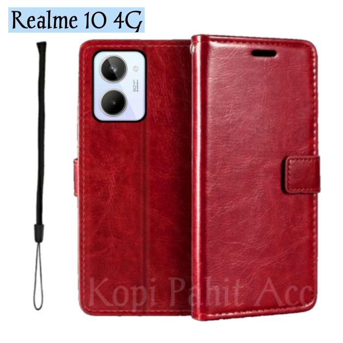 Casing Realme 10 4G Flip Cover Wallet Leather Case Sarung kulit Magnet  Maroon, Realme 10 4G