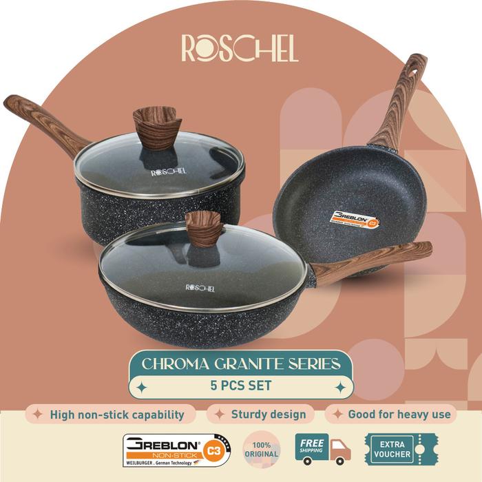 Gambar Panci Wajan Set Roschel Chroma Granite Series RPG005 5pcs Anti Lengket - GRANIT RPG005 dari Good Morning Baby Shop undefined Tokopedia