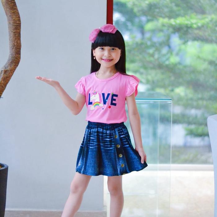 Gambar Setelan baju GSK anak perempuan rok sablon jeans 3D usia 3-7 tahun - pink, 8 dari Dolin kids undefined Tokopedia