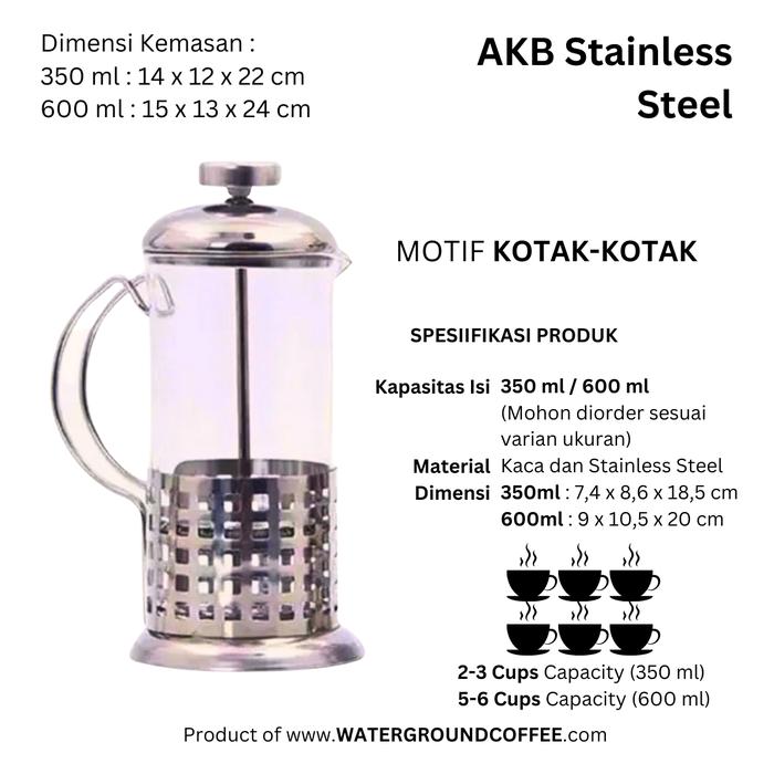 Gambar AKB French Press Stainless Steel 600 mL Motif Biji Kopi Coffee - Motif Kotak, 350ML (1-2Cups) dari Waterground Coffee & Roastery undefined Tokopedia