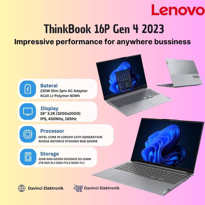 Gambar LENOVO THINKBOOK 16P GEN 4 i9-13900H 32GB 1TB SSD RTX 4060 8GB 16"3.2K dari Davinci Elektronik undefined Tokopedia