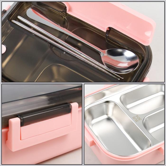 Gambar KOTAK MAKAN INSULASI LEAK PROOF STAINLESS STEEL LUNCH BOX - 3 Grid - Pink dari HouseHerbal undefined Tokopedia