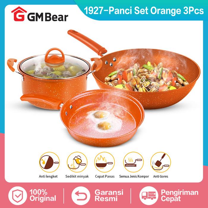 Gambar GM Bear Panci Wajan Teflon Set isi 3pcs P0220 - Arria Panci Teflon - 1927-Orange dari GM Bear undefined Tokopedia