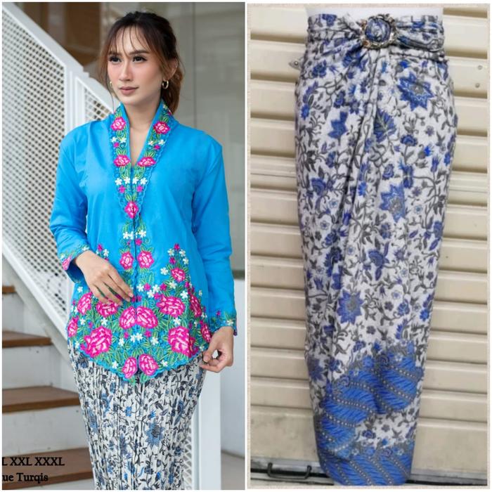 Gambar SETELAN KEBAYA PESTA ENCIM BORDIR KATUN TGN PANJANG +ROK LILIT S-XXXL - SET TURKIS, XL dari Momme Collection undefined Tokopedia