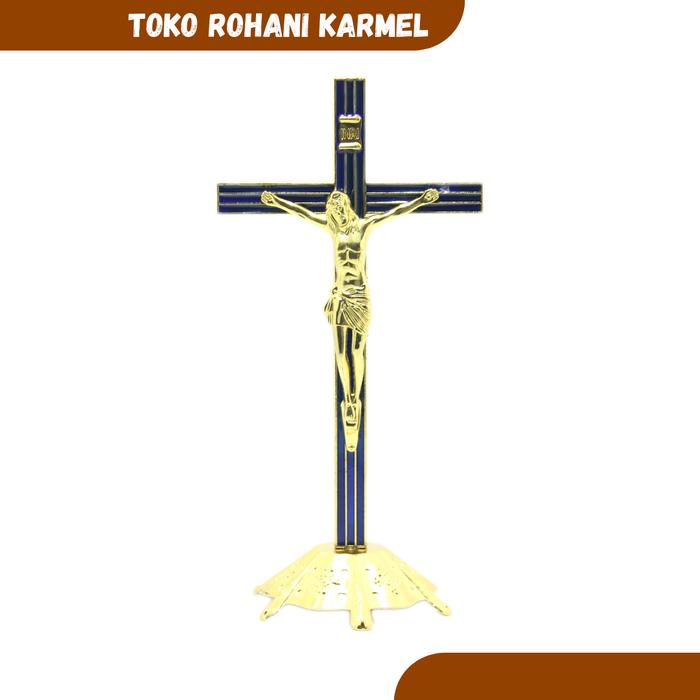 Gambar SALIB DUDUK KATOLIK (GOLD) / SALIB LOGAM MEJA / SALIB ALTAR KATOLIK - GOLD-BLUE dari TOKO ROHANI KARMEL undefined Tokopedia