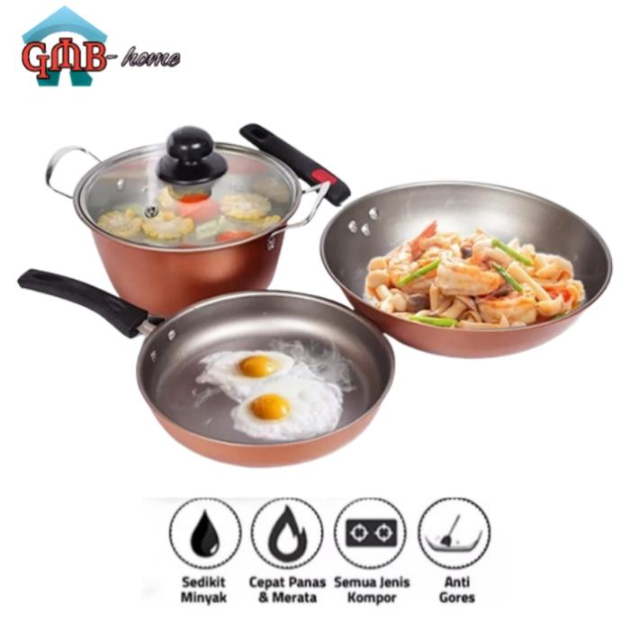 Gambar Teflon wajan panci set 3in1 penggorengan pan frypan anti lengket - gold (1090) dari GMB-Home undefined Tokopedia