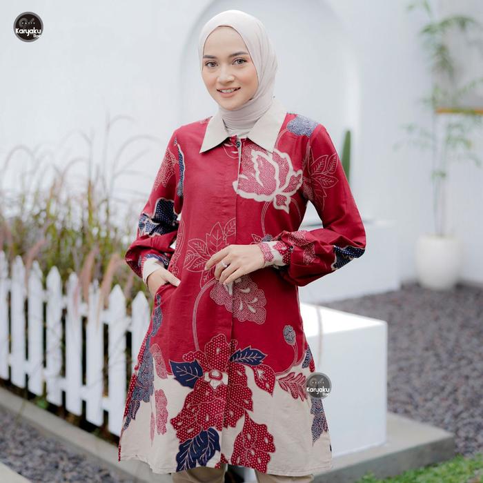Gambar Baju Tunik Batik Wanita Perempuan Terbaru Dewasa Jumbo Modern BJ7  Dress Kain Kancing Katun Panjang Atasan Muslim Nyaman - Mawar Merah, M dari BATIKFIX undefined Tokopedia