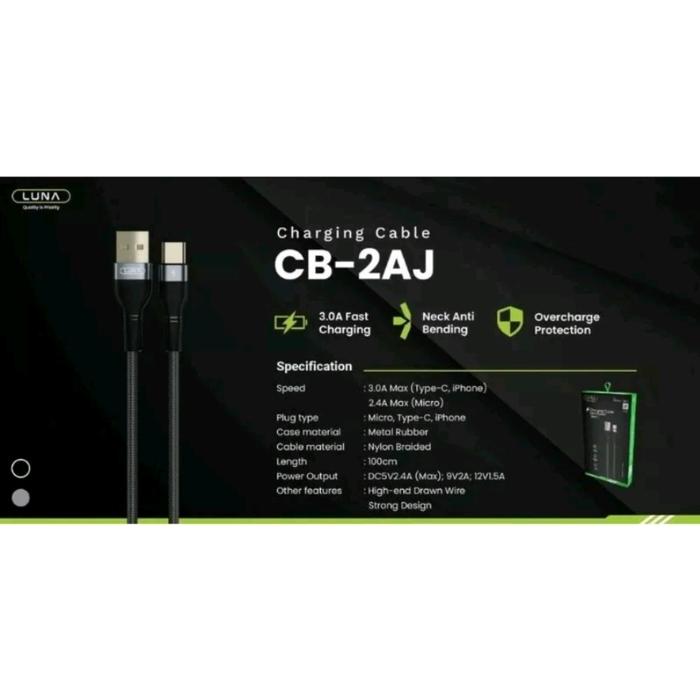 Gambar LUNA CB-2AJ KABEL DATA 3.0A FAST CHARGING USB MICRO TYPE C - CB-2AJ TYPE C dari JJ DIAMOND STORE undefined Tokopedia