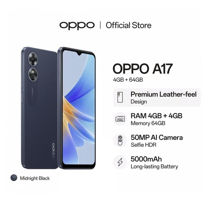 Gambar HP OPPO A17 4/64 GB - OPPO A 17 RAM 4GB ROM 64GB GARANSI RESMI - Midnight Black dari Cahaya Store Cell undefined Tokopedia
