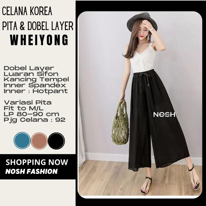 Gambar Celana Panjang Wanita Sifon Korea Style Variasi Pita Weyong -NOSH - Hitam dari NOSHFashion undefined Tokopedia