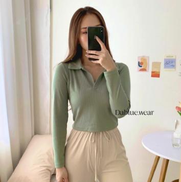 Gambar TERBARU! V Neck Crop Top Wanita Long Sleeve / Lengan Panjang Berkerah - Sage Green, S dari Aurora's Store ID undefined Tokopedia