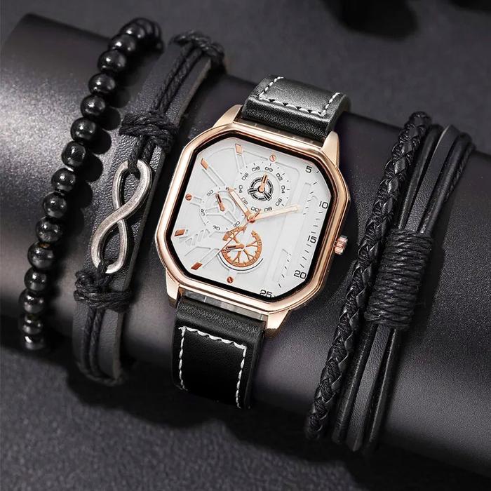 Gambar EN LIGNE - EL1299 Jam Tangan Kasual Pria Tali Kulit + Set 4pcs Gelang - Hitam Gold Pth dari En Ligne Official undefined Tokopedia