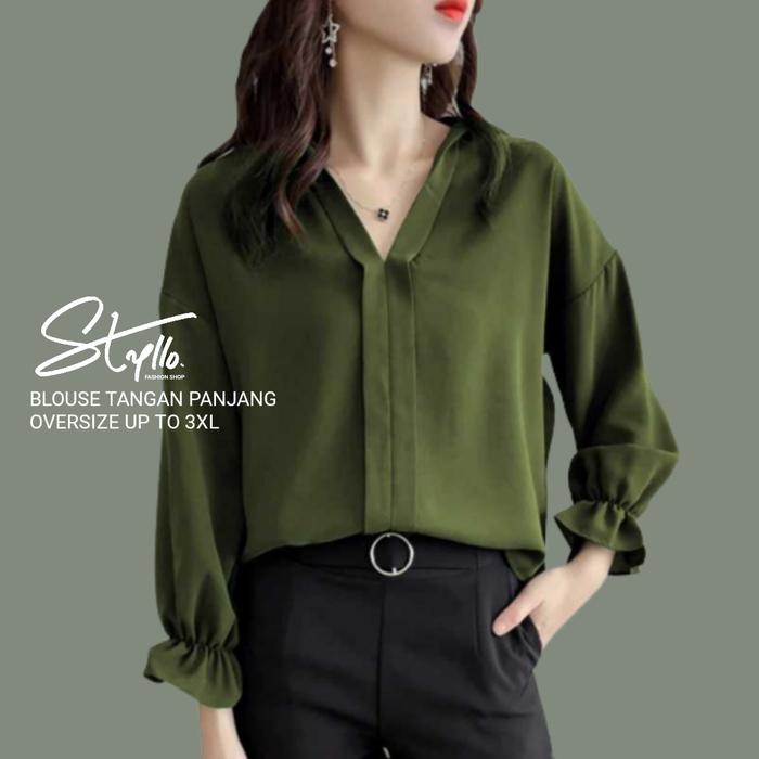 Gambar Blouse Oversized Wanita Atasan Lengan Panjang Up 3XL Korea Hijau Green - Hijau, M dari Styllo. undefined Tokopedia