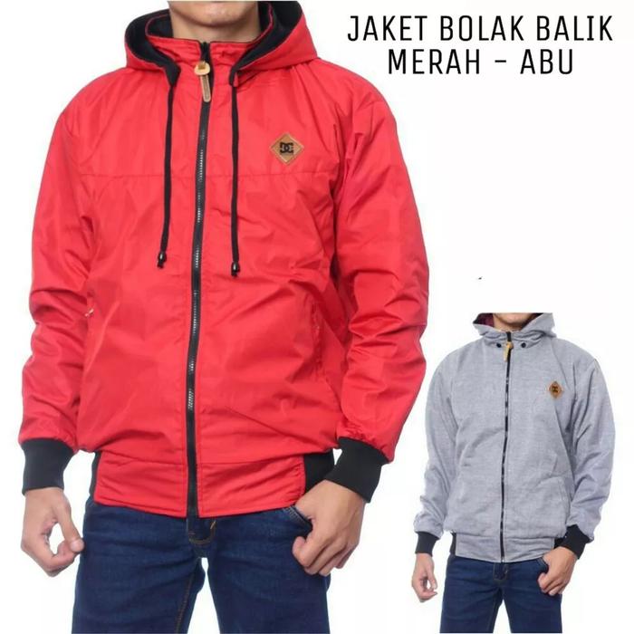 Gambar Jaket DC Pria Bolak Balik Jaket cowok pria 2 in 1 Premium Parasut Kain - Merah Abu, L dari TEAF OFFICIAL undefined Tokopedia