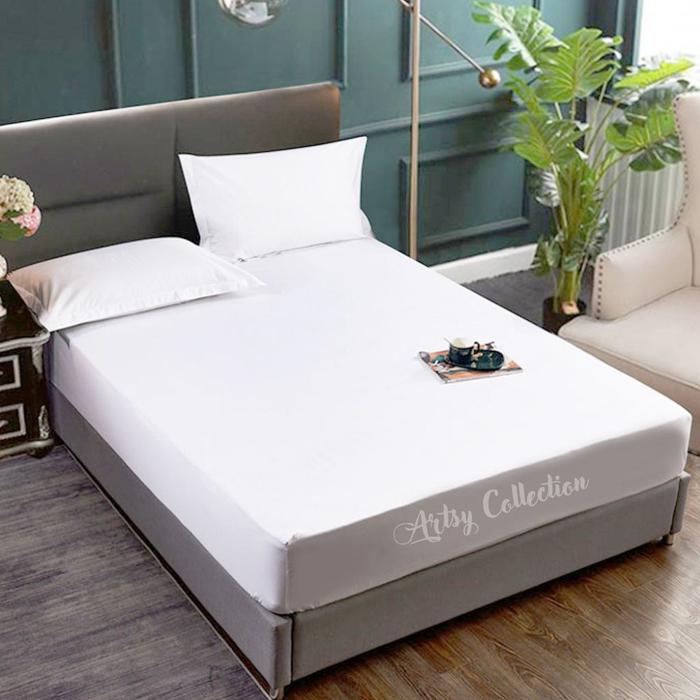 Gambar sprei polos tinggi 30 cm katun adem seprai polos uk 180 160 120 100 90 - Putih, 180x200spre set dari gudangsprei undefined Tokopedia