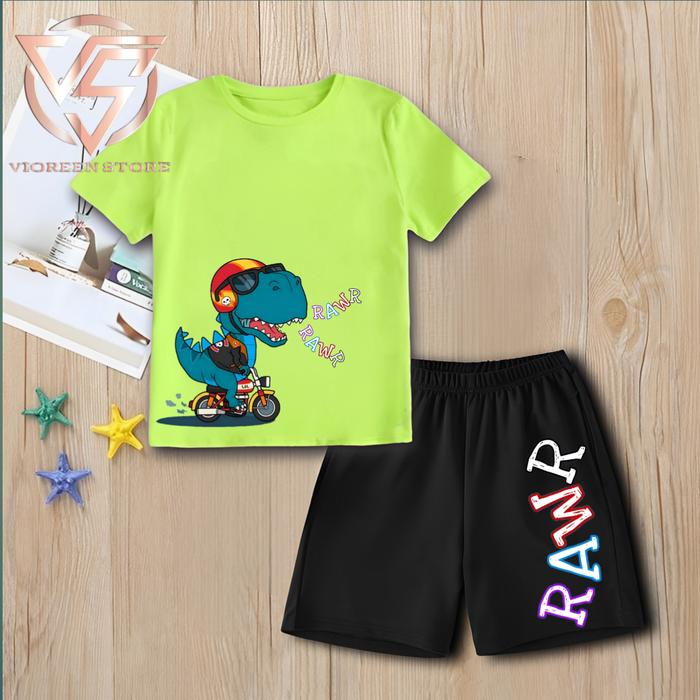 Gambar Setelan anak baju celana anak katun premium DINOSAURUS sta19 2th-13th - Hijau neon, L dari VS vioreen store undefined Tokopedia