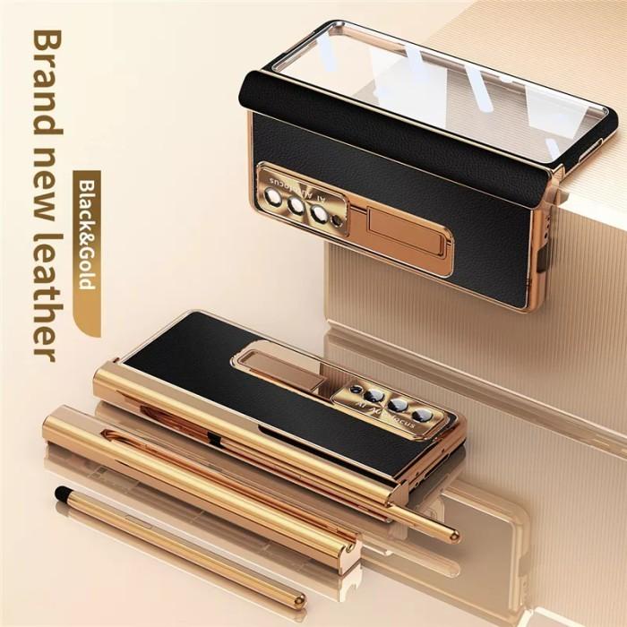 Gambar Case Samsung Galaxy Z Fold 3 Fold3 5G Casing Hinge Stand Spen Leather - Black Gold, Fold 3 dari Garuda Accessories Phone undefined Tokopedia