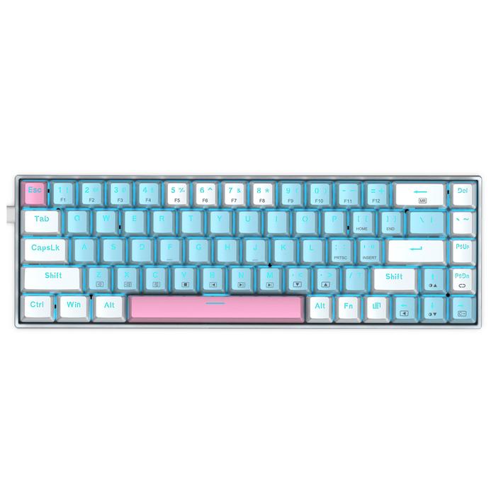 Compact white mechanical gaming keyboard with blue and pink accents