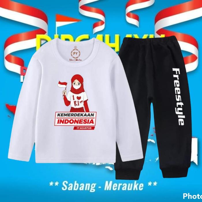 Gambar Setelan Baju Kaos Lengan Panjang HUT RI Kemerdekaan Anak Perempuan - Putih, Size 2 dari logokids undefined Tokopedia