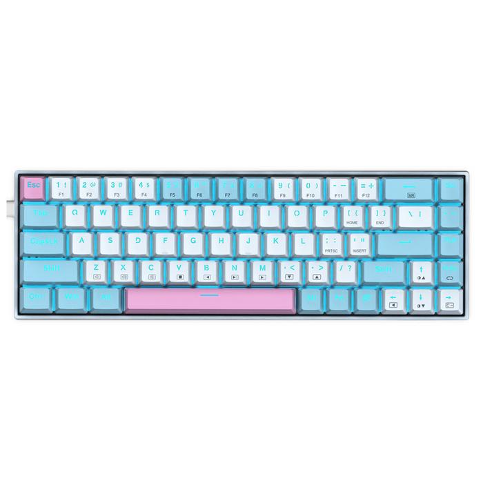 Compact white mechanical gaming keyboard with blue and pink accents