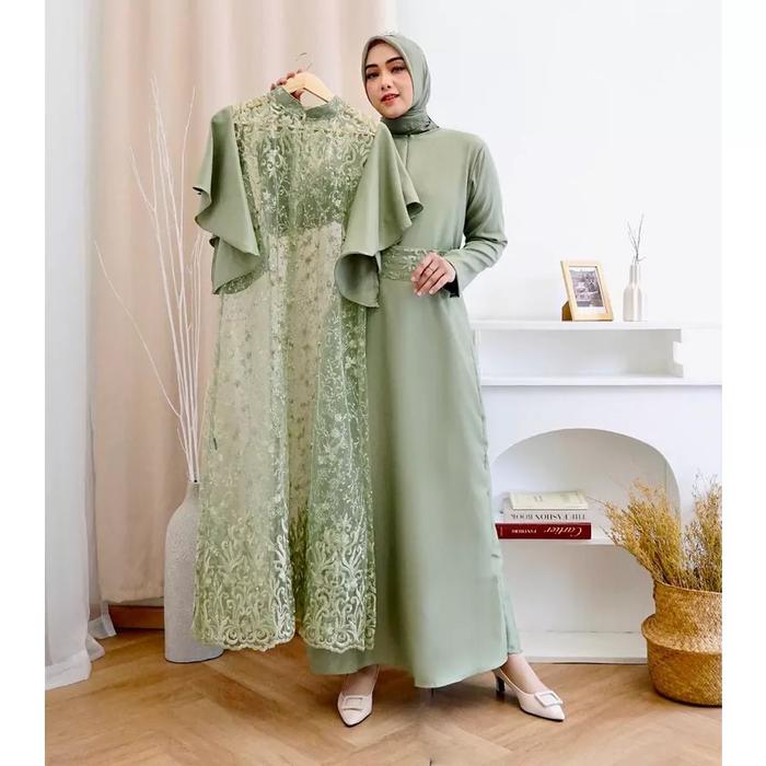 Gambar JUMBO LONG DRESS PESTA GEORGINA 2 IN 1 INNER+OUTER TILE BROKAT LD 120 - SAGE dari Momme Collection undefined Tokopedia