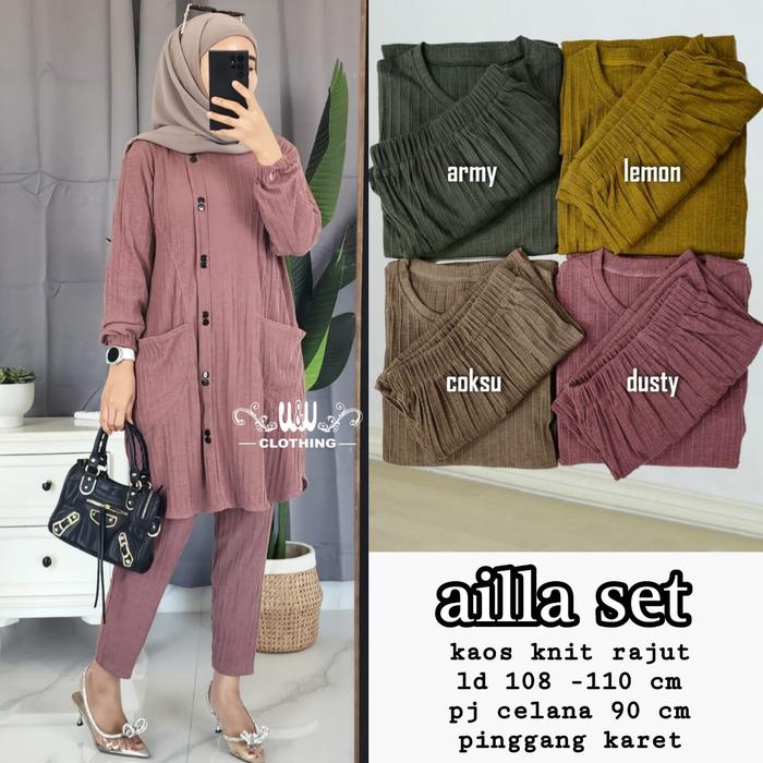 Jual setcel wanita ailla set tunik celana kaos knit rajut adem