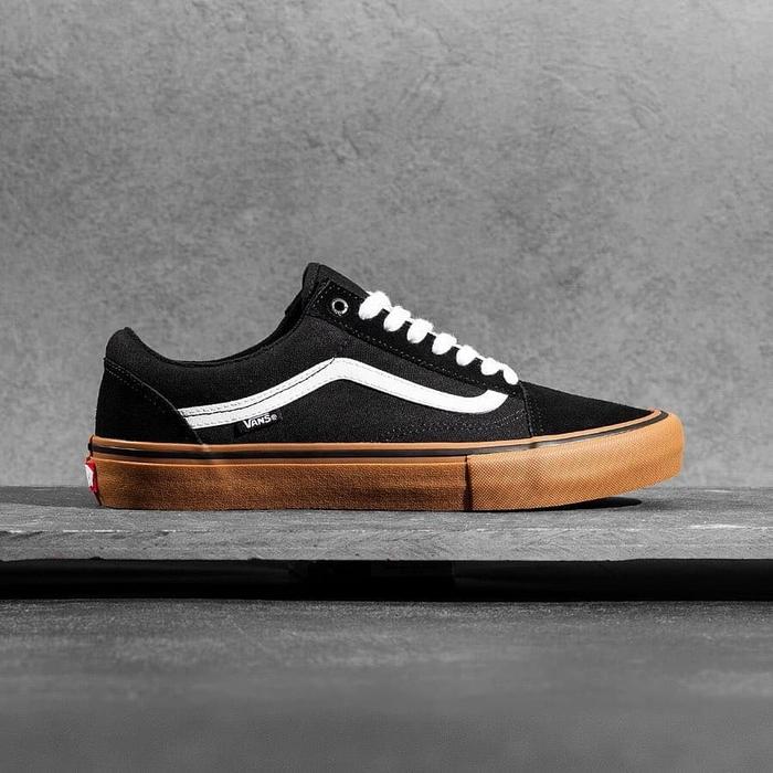 Jual Sepatu Vans Old Skool Pro Black Gum Original Extra Laces 36