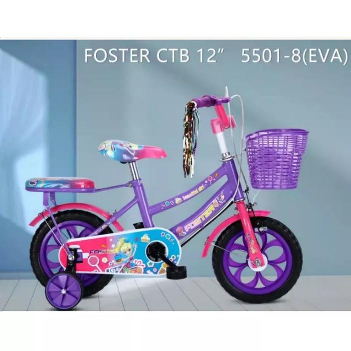 Gambar sepeda anak perempuan 12 mini ban eva Foster 5501-8 murah - ungu pink dari Toko Sepeda Maju Jaya ORI undefined Tokopedia