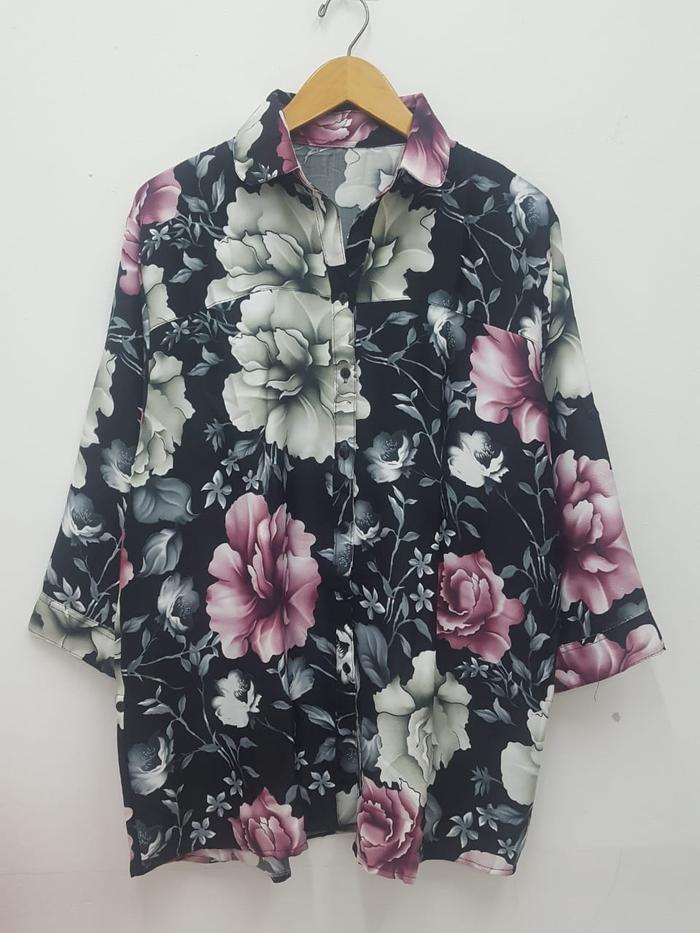 Gambar LD 130 4XL Kemeja Atasan Shakila Bunga Big Size Jumbo AIRA Workwear - Black dari Baju.Bigsize undefined Tokopedia