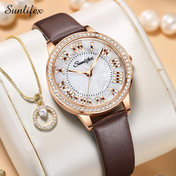 Gambar SUNLIFEX Jam Tangan Wanita Berlian Mode Tali Kulit Jam Tangan Cewek - Cokelat dari Rebirth Jam Tangan undefined Tokopedia