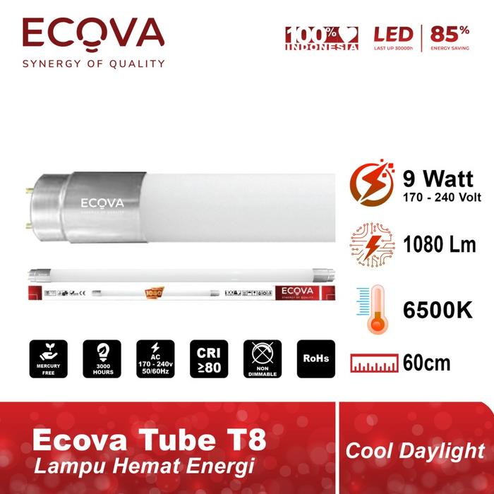 Gambar ECOVA Lampu TL LED Glass Tube Light Neon T8 9W 18W (60CM & 120CM) - 9 WATT, COOL DAYLIGHT dari TOKUNIQU undefined Tokopedia