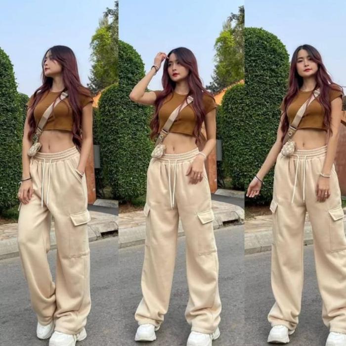Gambar Cargo Pants Polos Wanita Pria Celana Panjang Training Jumbo Basic Cewe - Cream, M dari ALMEITY STORE undefined Tokopedia