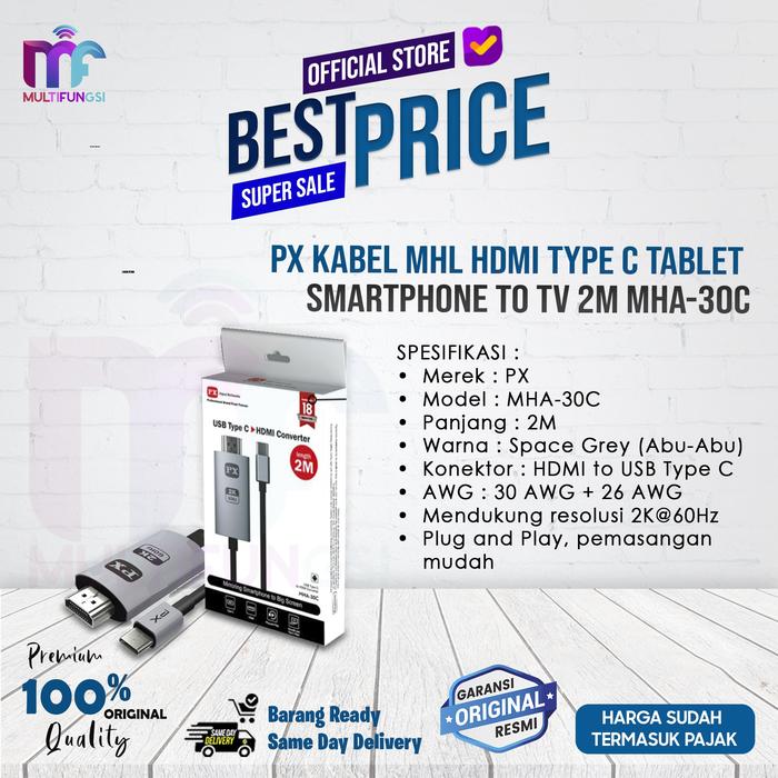 Gambar PX Kabel MHL HDMI Type C Tablet Smartphone to  TV 2M  MHA-30C dari Multifungsi Online undefined Tokopedia