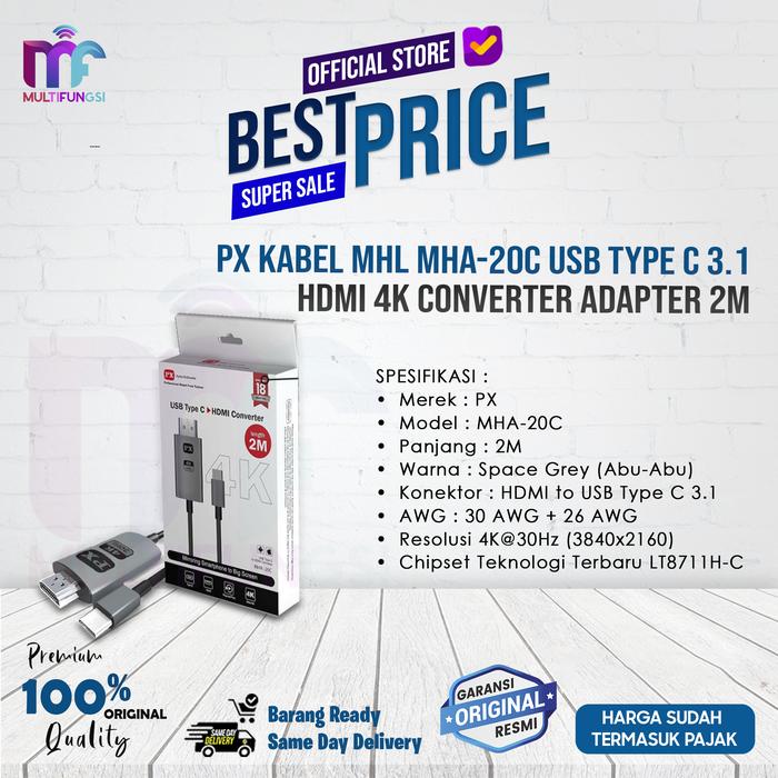 Gambar PX Kabel MHL MHA-20C USB Type C 3.1 HDMI 4K Converter Adapter 2m dari Multifungsi Online undefined Tokopedia