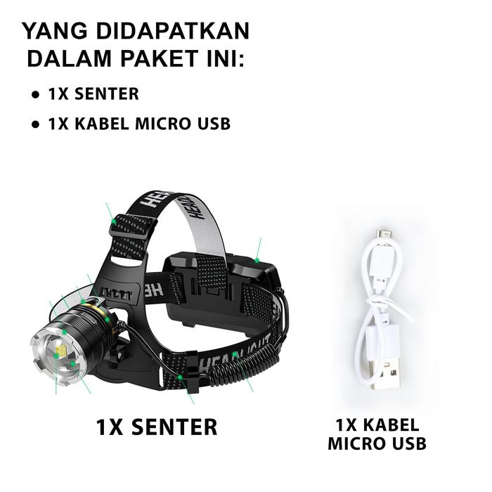 Gambar Senter Kepala Headlamp LED XHP50 Rechargeable 20W - Senter+usb dari Lasara syachbani shop undefined Tokopedia