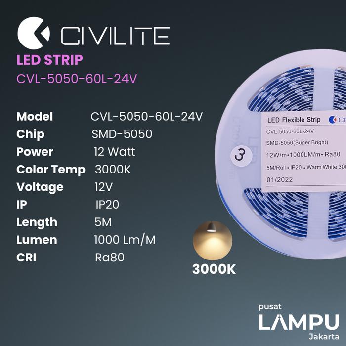 Gambar CIVILITE 5050 LED STRIP 24VOLT INDOOR - 3000K dari Pusat Lampu Jakarta undefined Tokopedia