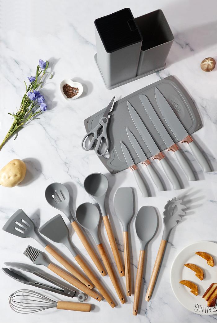 Gambar SPATULA SET 19 PCS Sodet Sutil Set Silikon Alat Masak Talenan Pisau Gunting PREMIUM Gagang Kayu - 19pcs Grey dari Neon Green Indonesia undefined Tokopedia