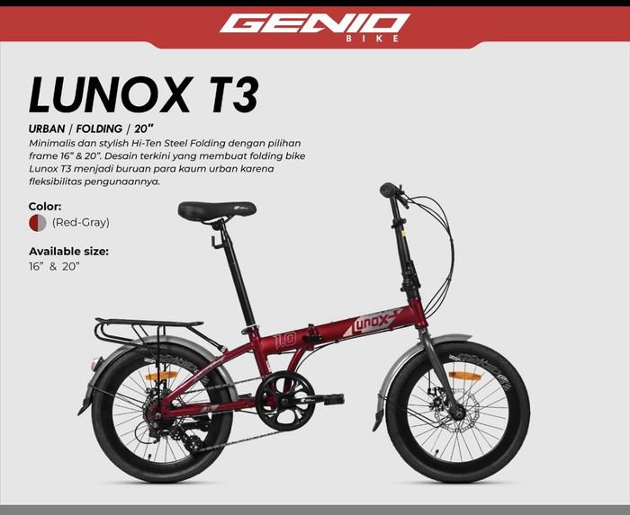 Gambar Sepeda Lipat Genio Lunox T3 20 Inchi Cakram Boncengan - Red Grey dari Tangerang bike_NEW undefined Tokopedia