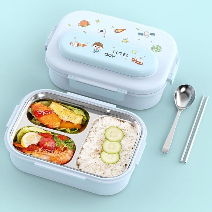 Gambar Panda Home Kotak Bekal Anak 3 Sekat / Lunch Box Kids Stainless Steel - Biru Tanpa Tas, Tanpa Bubble dari Pandahome168 undefined Tokopedia