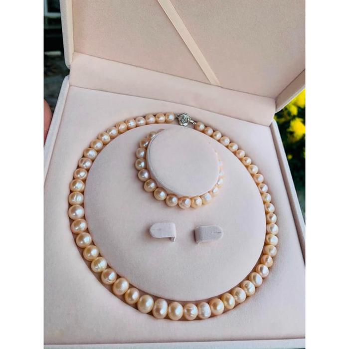 Gambar MURAH 1 SET Kalung Mutiara Air Tawar & Gelang Mutiara Asli +Sertifikat , Kalung Mutiara Lonjong, Kalung Mutiara  Oval, Gelang Mutiara Lonjong, Gelang Mutiara Oval, Kalung Mutiara 45 cm, Kalung Chocker, Kalung Mutiara Chocker, Gelang Mutiara 21 cm - OVAL- Peach dari INFO-DISKON undefined Tokopedia