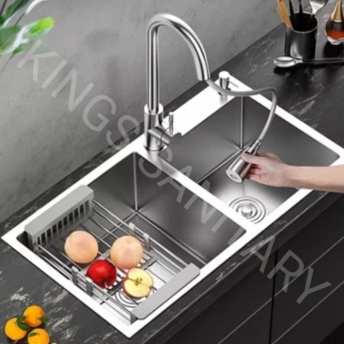 Gambar Kitchen sink 2 lobang komplit set stainless steel / Bak cuci piring - Pkt Kran Tarik dari Kings Sanitary undefined Tokopedia