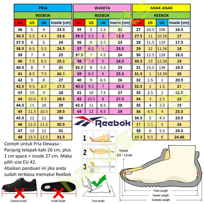 Reebok Size Chart Women's Shoes Reebok Shoe Size Chart Reebok