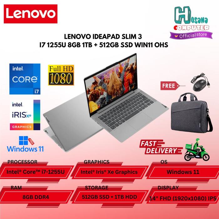 LAPTOP LENOVO IDEAPAD SLIM I7 1255U 8GB 512GB SSD FHD WIN11 OHS 8GB  512GB SSD