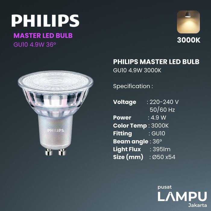 Gambar PHILIPS MASTER GU10 4.9WATT 4.9W 3000K 36D DIMMABLE 220VOLT PHILIPS - 3000K dari Pusat Lampu Jakarta undefined Tokopedia