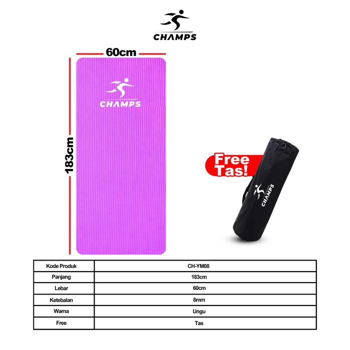 Gambar CHAMPS Matras Yoga Mat Premium NBR Karpet Alas FREETAS Tebal Anti Slip - Ungu, 8mm dari Champs Official undefined Tokopedia